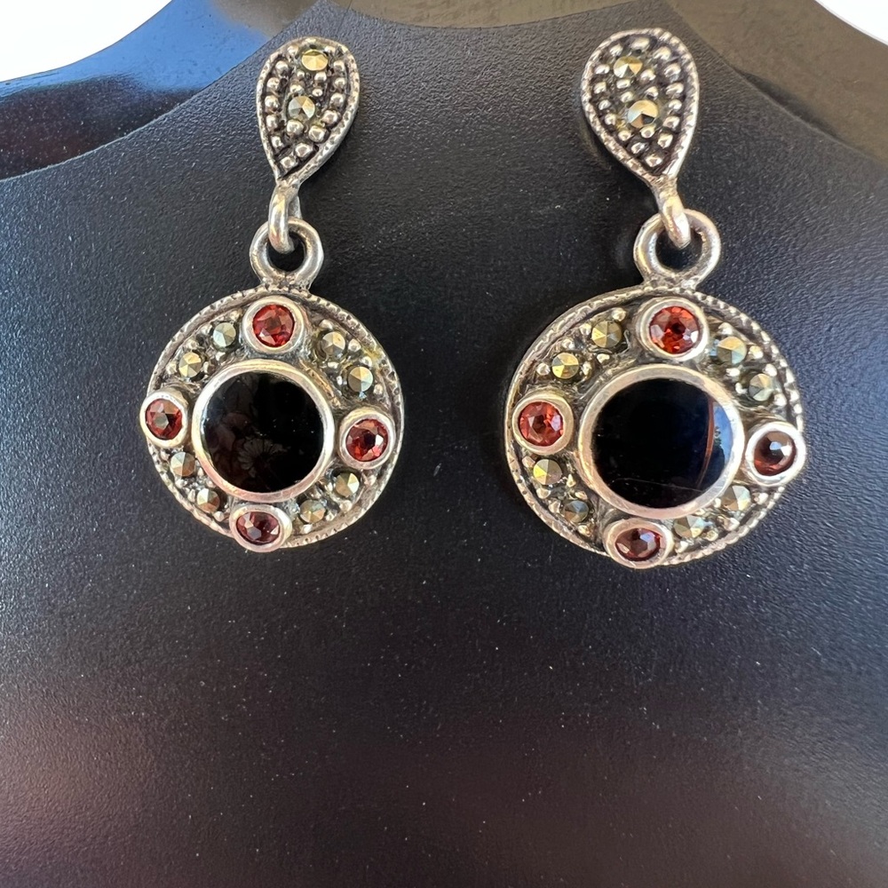 Marcasite garnet and black onyx post back vintage earrings